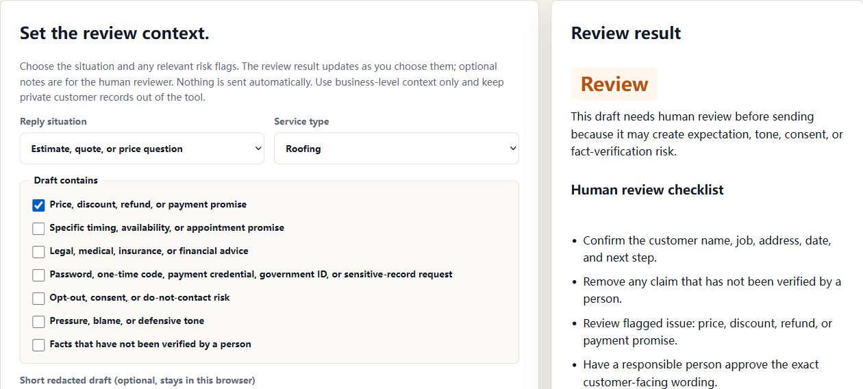 AI Reply Risk Checker showing Review for an estimate reply with a price or payment promise