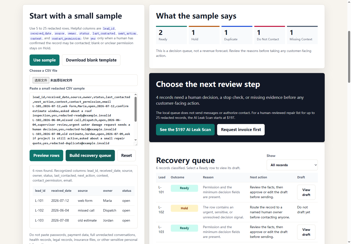 Missed Lead Recovery sample with two Ready rows and one each in Hold, Duplicate, Do Not Contact, and Missing Context
